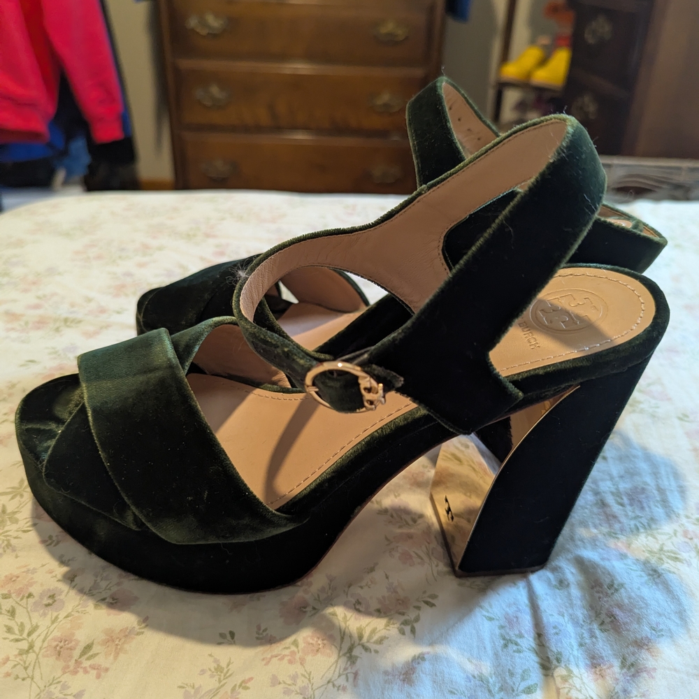 Tory Burch Emerald Green Velvet Platform Block Heel Sandals